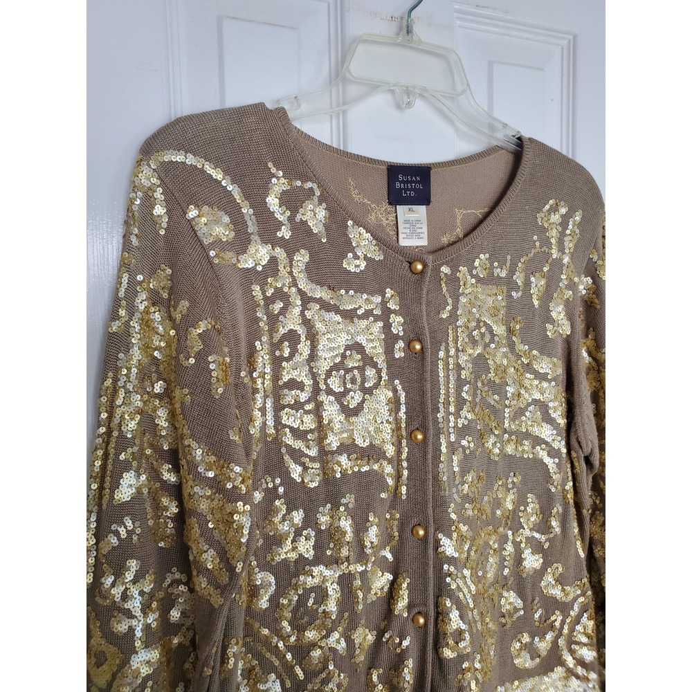 Susan Bristol Vintage Cardigan Gold Sequin Hand Embroidered Knit Evening Glam XL